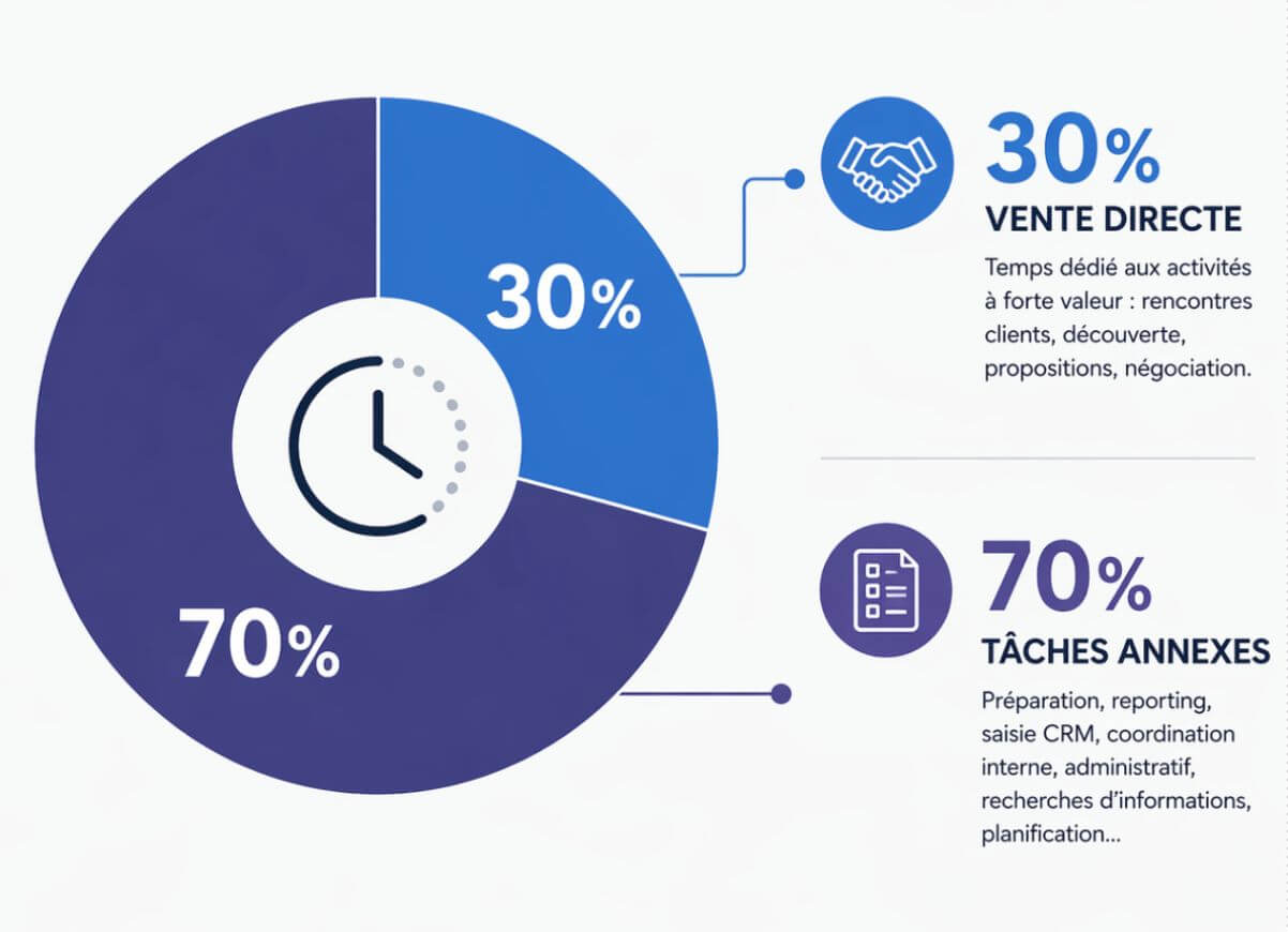 Répartition du temps commercial : 30 % de vente directe, 70 % de tâches annexes